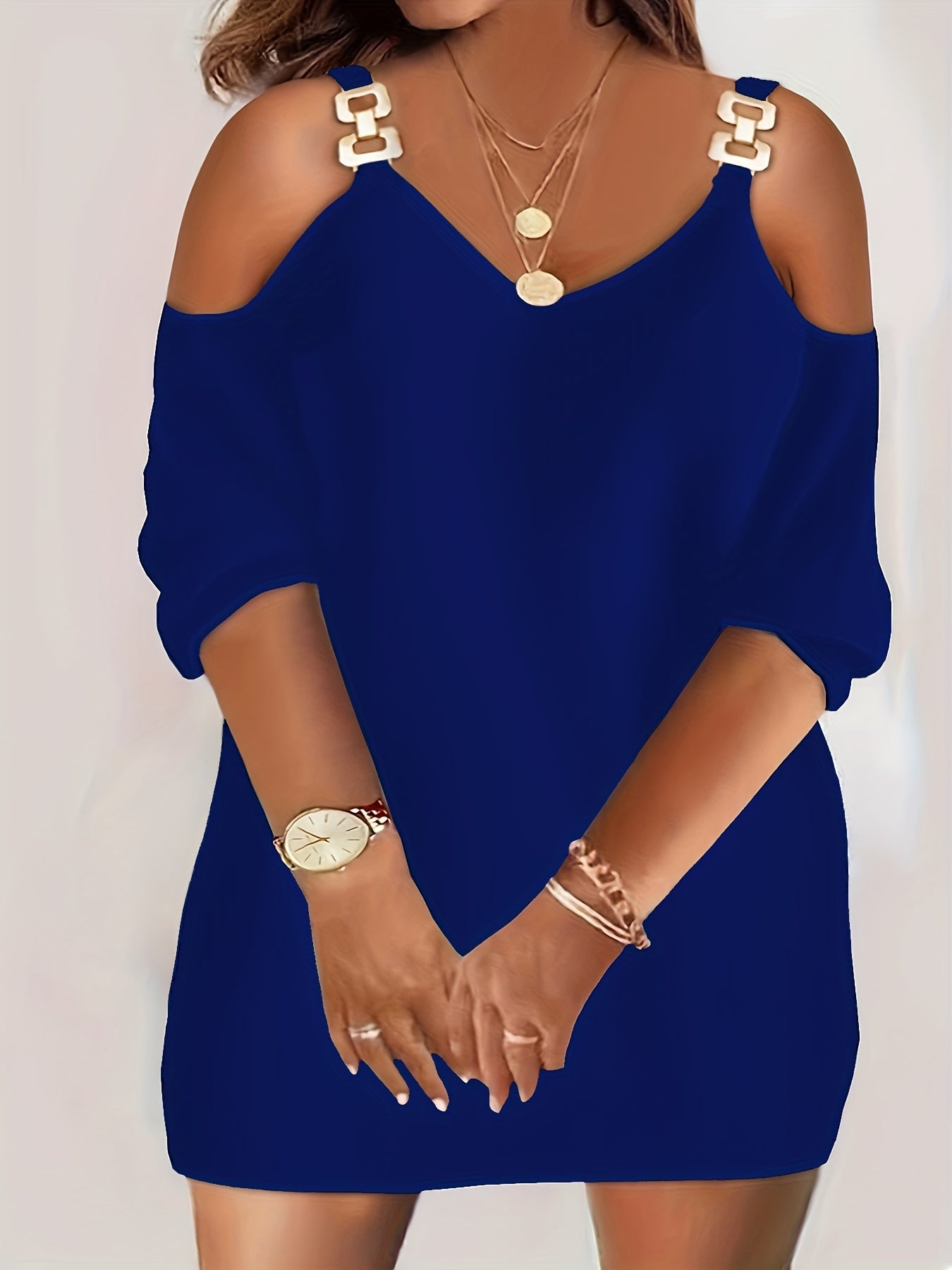 Plus Size Women's Casual Cold Shoulder Dress - V-Neck with Metal Chain Detail, Teal Blue, Sleeve, Relaxed Fit for Summer, Nontransparent Fabric